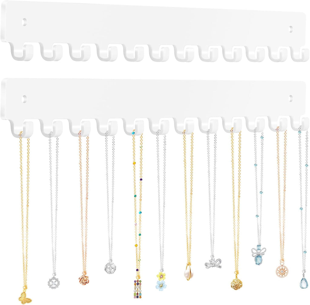 Acrylic Necklace Holder 2 Pack Wall Mounted Necklace Organizer Hanging Jewelry Organizer with 12 Hooks for Necklaces, Bracelets, Rings and Bangles Display（White）