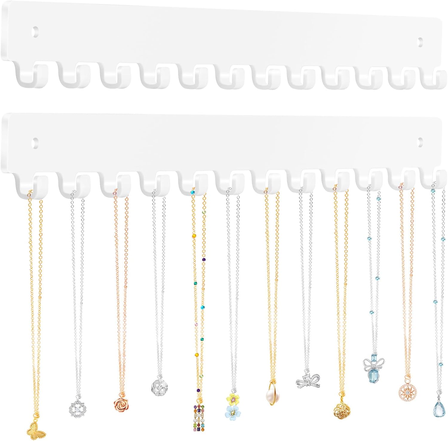 Acrylic Necklace Holder 2 Pack Wall Mounted Necklace Organizer Hanging Jewelry Organizer with 12 Hooks for Necklaces, Bracelets, Rings and Bangles Display（White）
