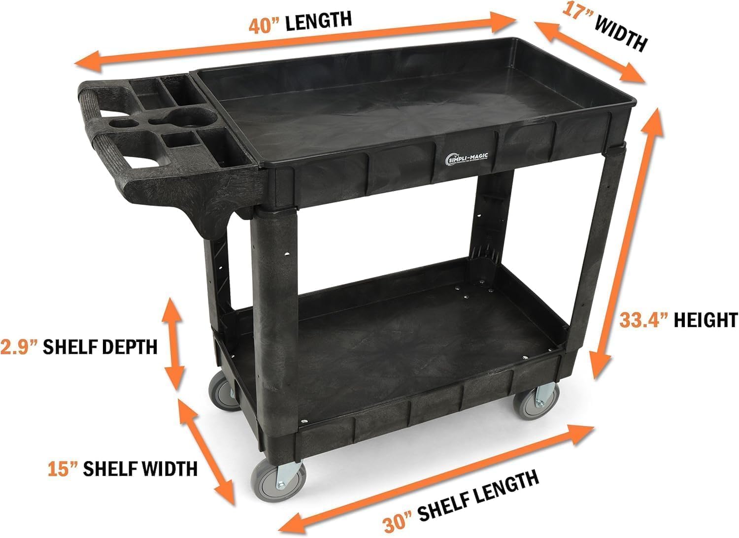 Rolling Utility Cart on Wheels, Heavy Duty Tool with Ergonomic Storage Handle and Deep Shelfs, Work Service for Garage, Warehouse, Workshop, 700-Pound Capacity 40 x 33 x 17-Inch