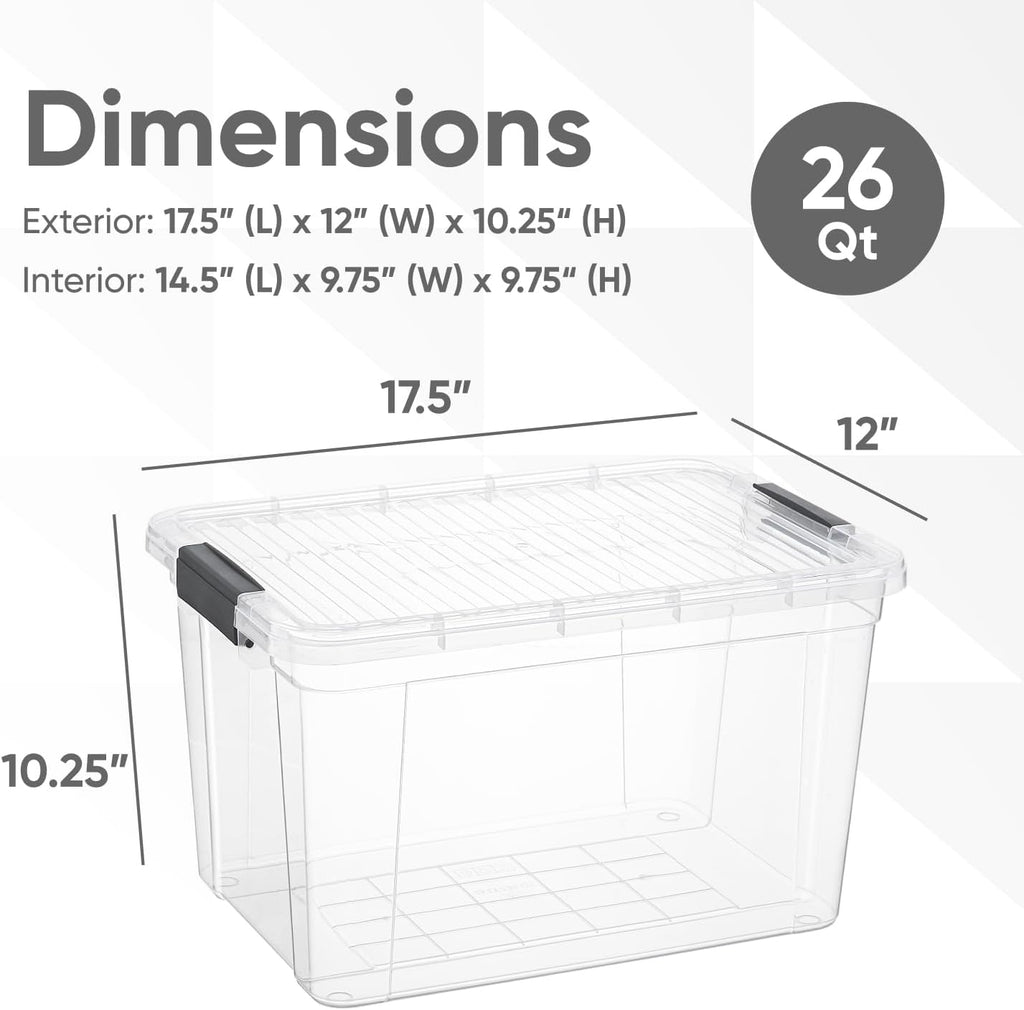 Superio Clear Storage Boxes with Lids, 26 Quart Plastic Container Bins for Organizing, Stackable Crates, BPA Free, Non Toxic, Odor Free, Organizers for Home, Office and Dorm, 6 Pack