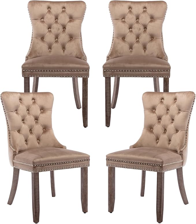 Velvet Dining Chairs Set of 4, Tufted Upholstered Dining Room Chairs with Back Ring Pull, Nailhead Trim and Solid Wood Legs, Modern Dining Chairs for Dining Room, Kitchen(Khaki)