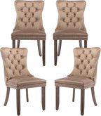 Velvet Dining Chairs Set of 4, Tufted Upholstered Dining Room Chairs with Back Ring Pull, Nailhead Trim and Solid Wood Legs, Modern Dining Chairs for Dining Room, Kitchen(Khaki)