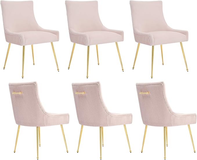 Velvet Dining Chairs Set of 6, Modern Upholstered Kitchen Chair with Pull Handle & Pleated Back, Mid Century Accent Chair with Gold Metal Legs for Vanity,Dining,Kitchen,Living Room, Pink
