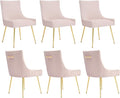 Velvet Dining Chairs Set of 6, Modern Upholstered Kitchen Chair with Pull Handle & Pleated Back, Mid Century Accent Chair with Gold Metal Legs for Vanity,Dining,Kitchen,Living Room, Pink