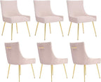 Velvet Dining Chairs Set of 6, Modern Upholstered Kitchen Chair with Pull Handle & Pleated Back, Mid Century Accent Chair with Gold Metal Legs for Vanity,Dining,Kitchen,Living Room, Pink