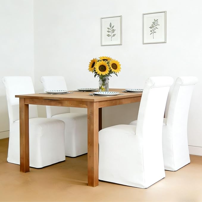 Parsons Dining Chairs Set of 4 Fabric Upholstered Kitchen Chairs with Wood Legs Armless High Back Side Chairs with Removable Skirt for Dining/Living Room,Banquet, Beige