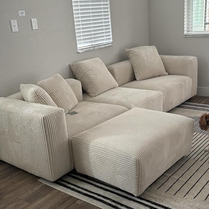 Acanva Corduroy Convertible Modular L Shaped Sectional Sofa, 4 Seater Free Combination Corner Couch, Convertible to DayBed, Wide Loveseat with Moveable Ottomans for Small Spaces, Sleeper Bed, White