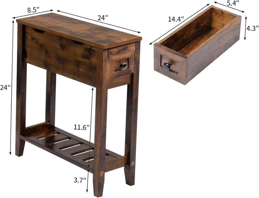 Chairside Table with Charger,Cherry End Table with Movable Top and Charging S...