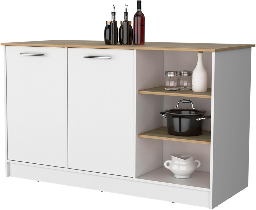 Melamine Kitchen Island with Two Doors and Three Open Shelves | Two doors wit...