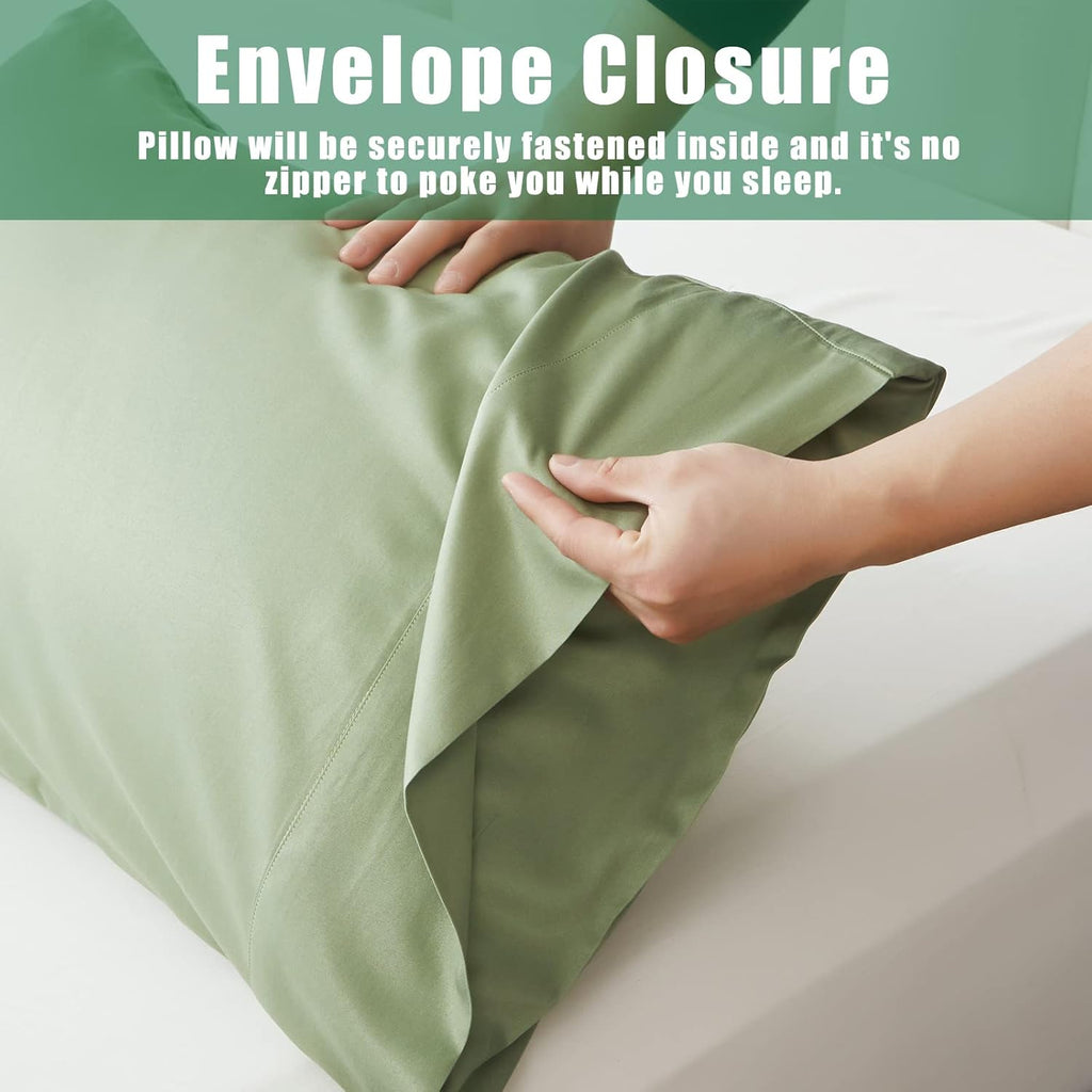 TELUS Green Pillow Cases Queen Size 2 Pack, Bamboo Rayon Cooling Pillowcases with Envelope Closure, Cool Breathable Pillow Cover for Hot Sleepers & Night Sweats, 20x30 inch
