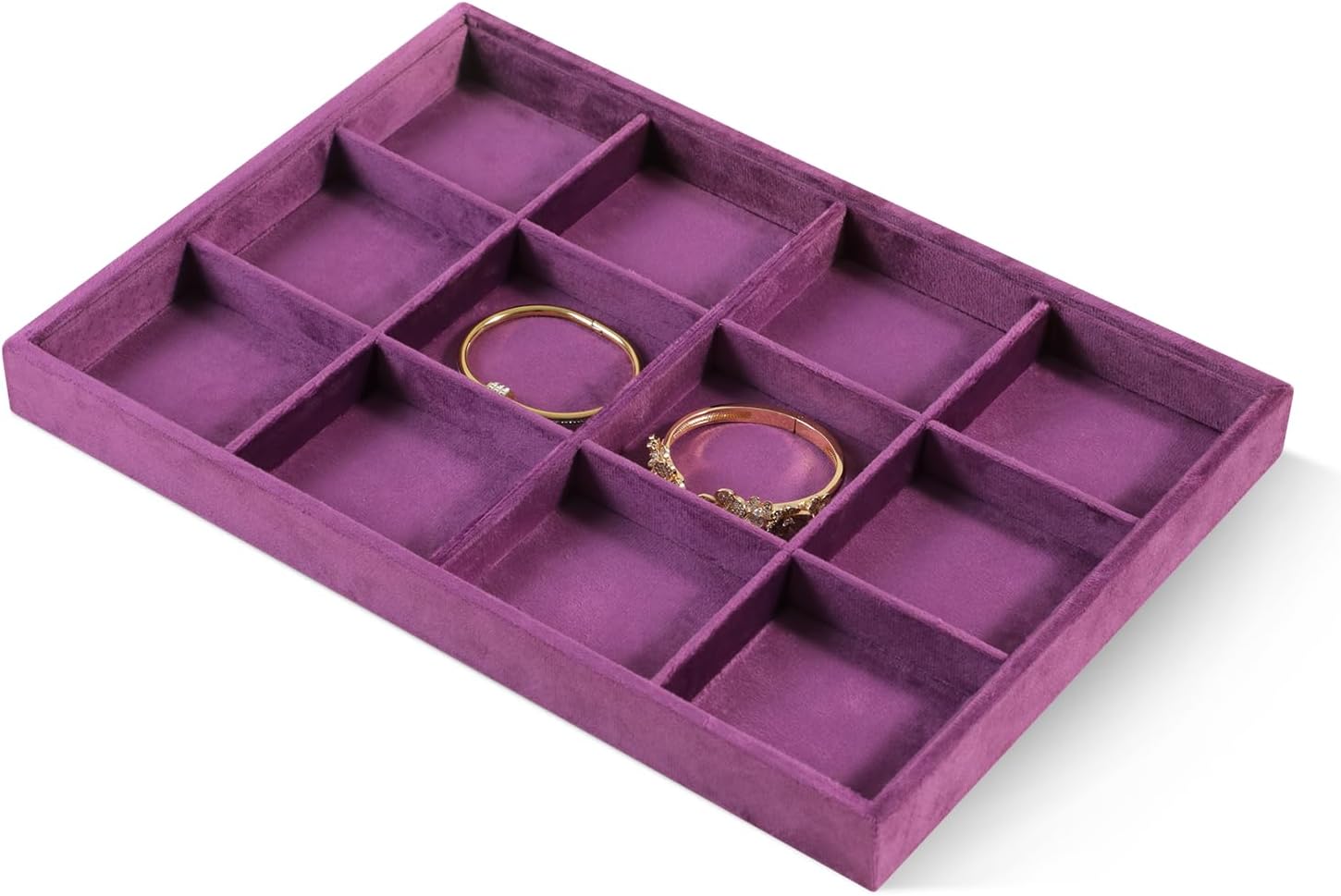 Velvet Stackable Jewelry Display Tray, 12 Grid Watch Bangle Bracelet Storage Tray, Makeup Drawer Insert Jewelry Shop Organizer Plate (Purple)