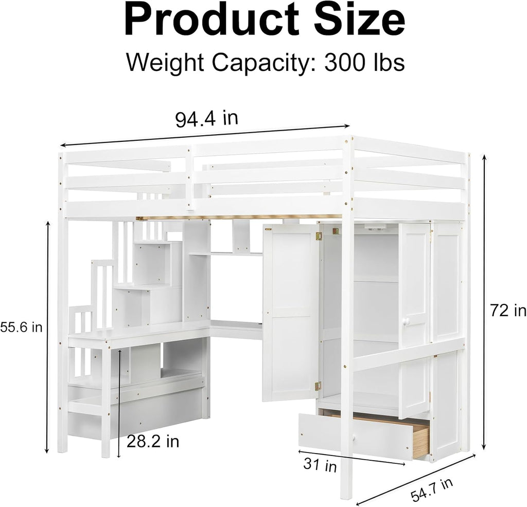 mikibama Full Size Solid Pinewood Loft Bed with Storage Stairs,Charging Station,Bookshelf,Safety Guardrails,Desk and Wardrobe & Drawer for Bedroom,No Box Spring Needed,Easy Assembly,White