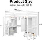 mikibama Full Size Solid Pinewood Loft Bed with Storage Stairs,Charging Station,Bookshelf,Safety Guardrails,Desk and Wardrobe & Drawer for Bedroom,No Box Spring Needed,Easy Assembly,White