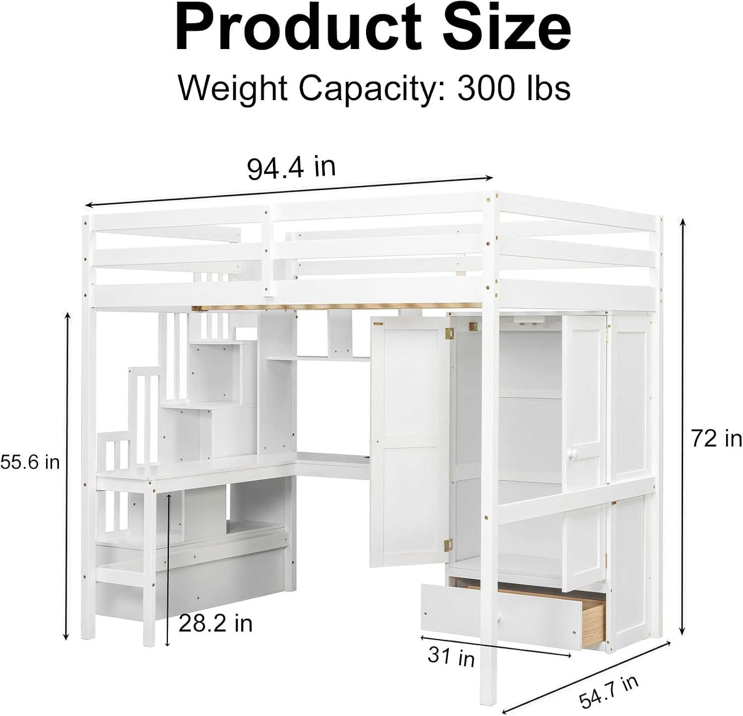 mikibama Full Size Solid Pinewood Loft Bed with Storage Stairs,Charging Station,Bookshelf,Safety Guardrails,Desk and Wardrobe & Drawer for Bedroom,No Box Spring Needed,Easy Assembly,White