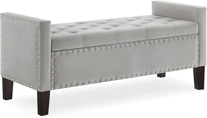 Upholstered Velvet Storage Ottoman Bench with Nail Trims,Soft Padded Seat with Armrest,for Living Room,Bedroom,Entryway,Easy to Assemble,Gray