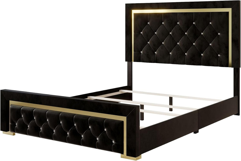 HOME DESIGN Deena King Diamond Tufted Velvet Bed Frame, Black
