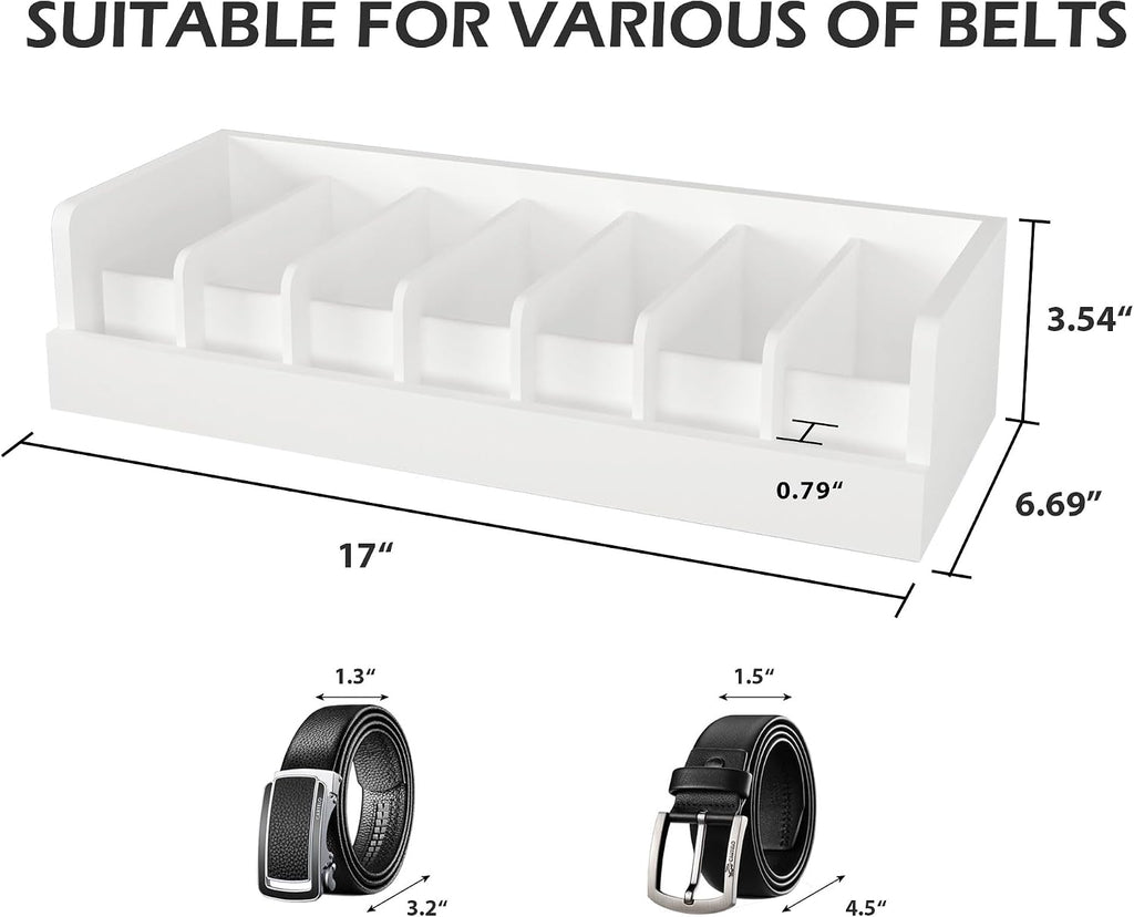 Belt Storage Organizer Box - 7 Grids Bamboo Belt Organizer for Closet | Wooden Belt Tie Hanger Racks for Men Women Drawer | Belt Display Holder Wall Mount with 2 Pcs Tie Clip (White)