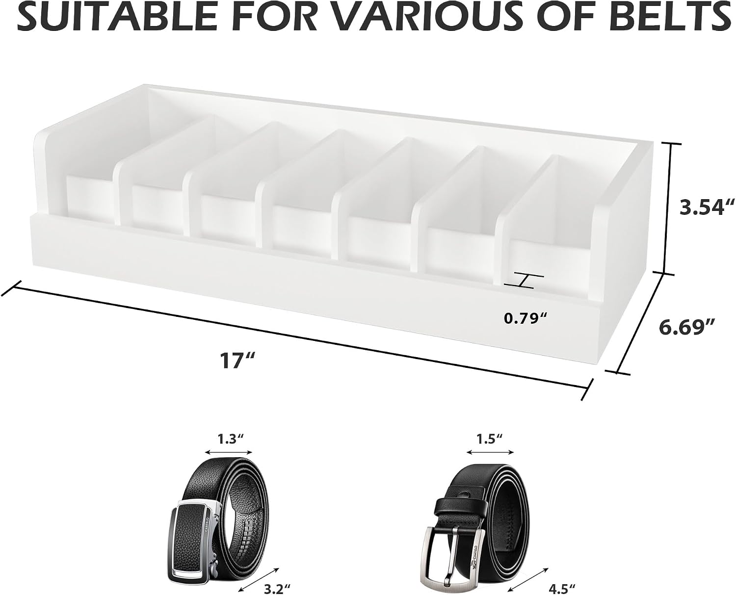 Belt Storage Organizer Box - 7 Grids Bamboo Belt Organizer for Closet | Wooden Belt Tie Hanger Racks for Men Women Drawer | Belt Display Holder Wall Mount with 2 Pcs Tie Clip (White)