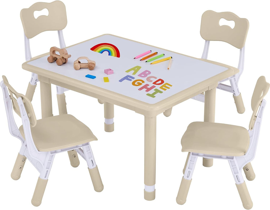 GITAWUSA Toddler Table and Chair Set, Height Adjustable-Upgrade Kids Table and 4 Chairs for Ages 3-8, Multi-Activity Toddler Play Table with Graffiti Desktop for Home/Daycare (4Chairs Beige)