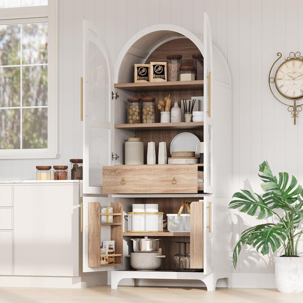 71" Tall Wooden Arched Storage Cabinet, Kitchen Pantry Cabinet with Hidd...