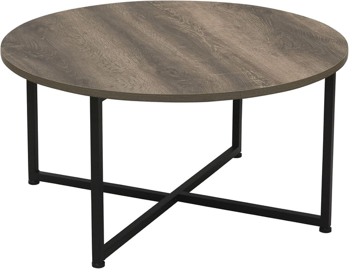 Household Essentials Jamestown Round Coffee Table Ashwood Rustic Wood Grain and Black Metal 31.5 x 31.5, Taupe