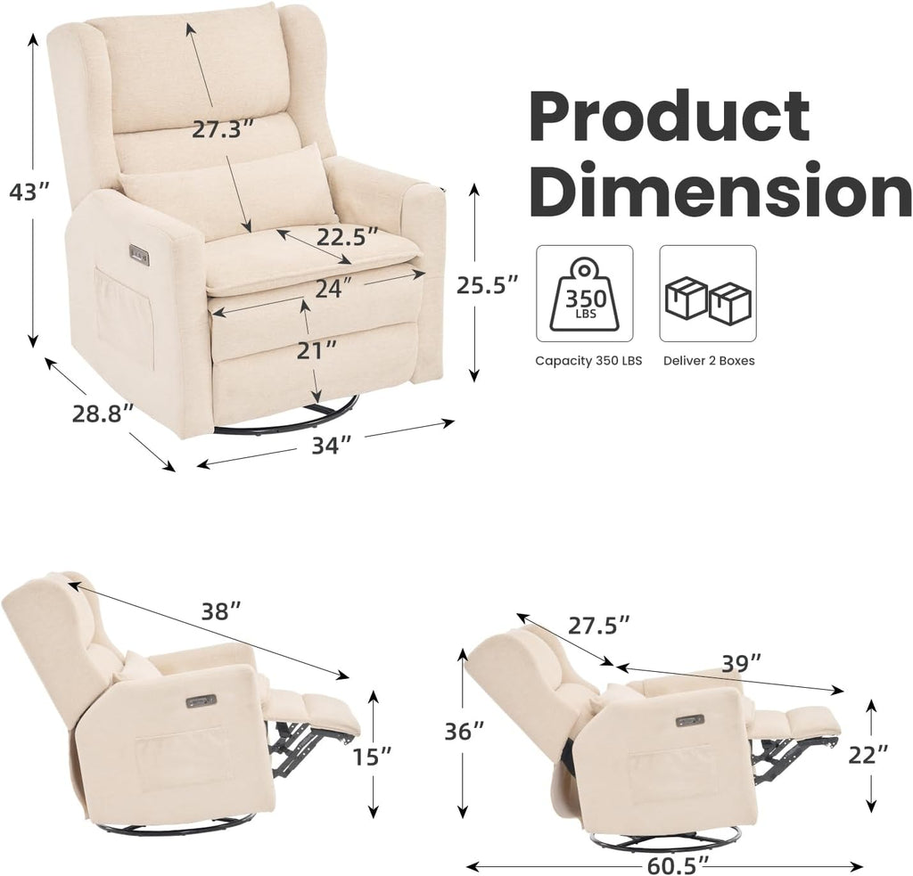 Oversized Swivel Rocker Recliner with Lumbar Cushion, Power Recliner Nursery Chair with Adjustable Headrest, Nursery Glider Recliner for Living Room, Beige