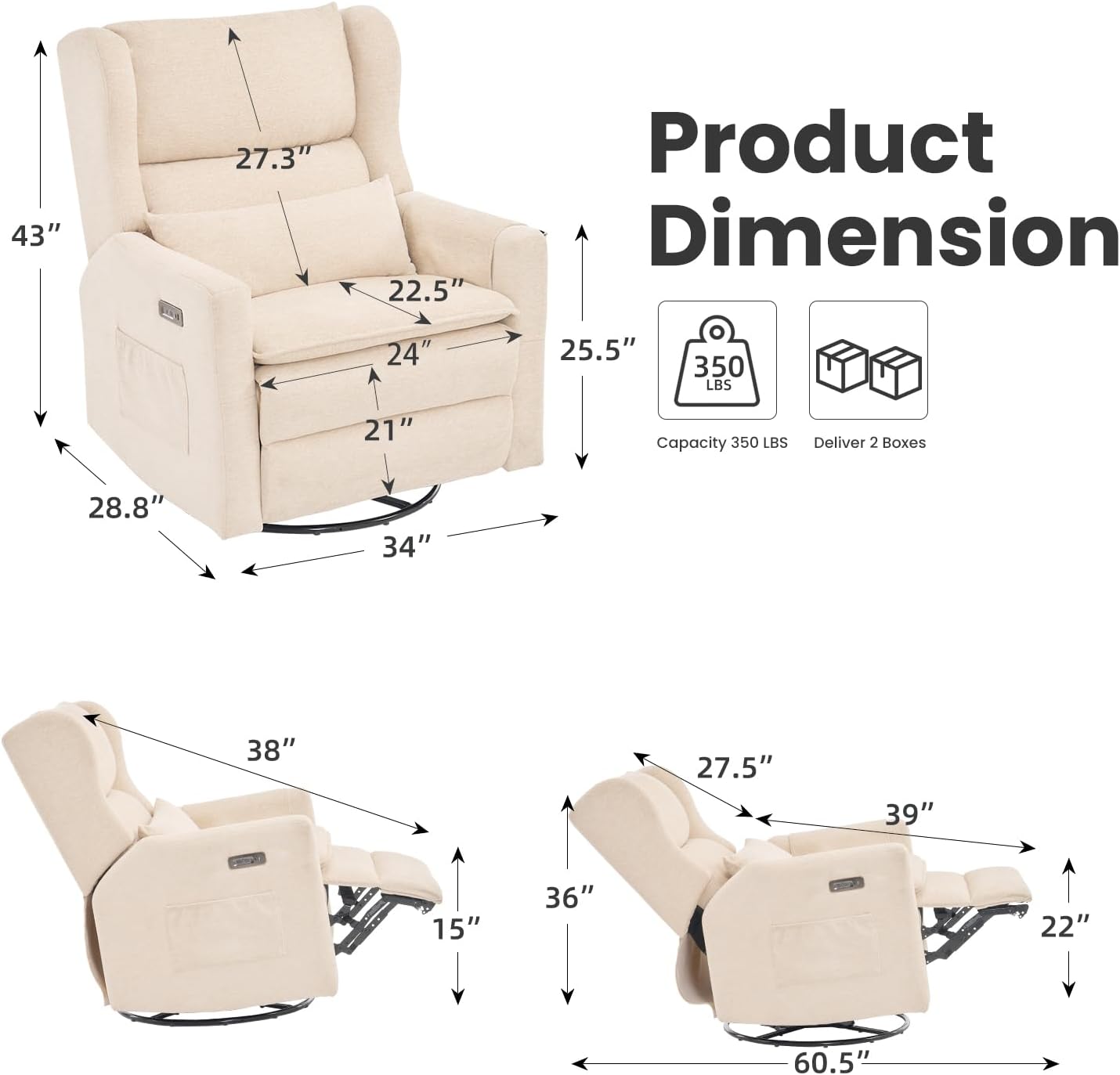 Oversized Swivel Rocker Recliner with Lumbar Cushion, Power Recliner Nursery Chair with Adjustable Headrest, Nursery Glider Recliner for Living Room, Beige