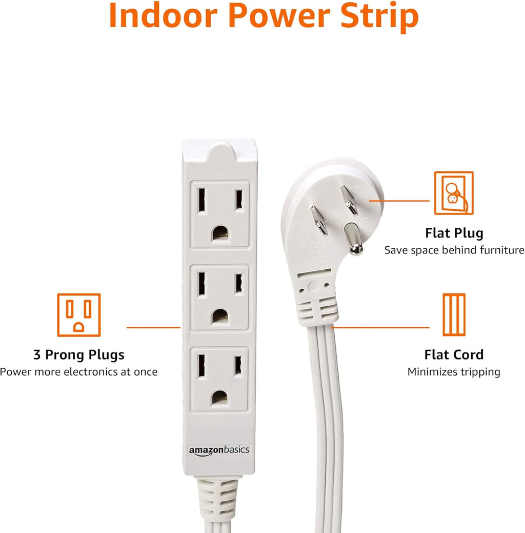 Amazon Basics Rectangular Indoor Extension Cord Power Strip, 3-Prong, Flat Plug, Grounded - 13 Amps, 1625 Watts, 125 VAC - 2-Pack, 6 ft, White