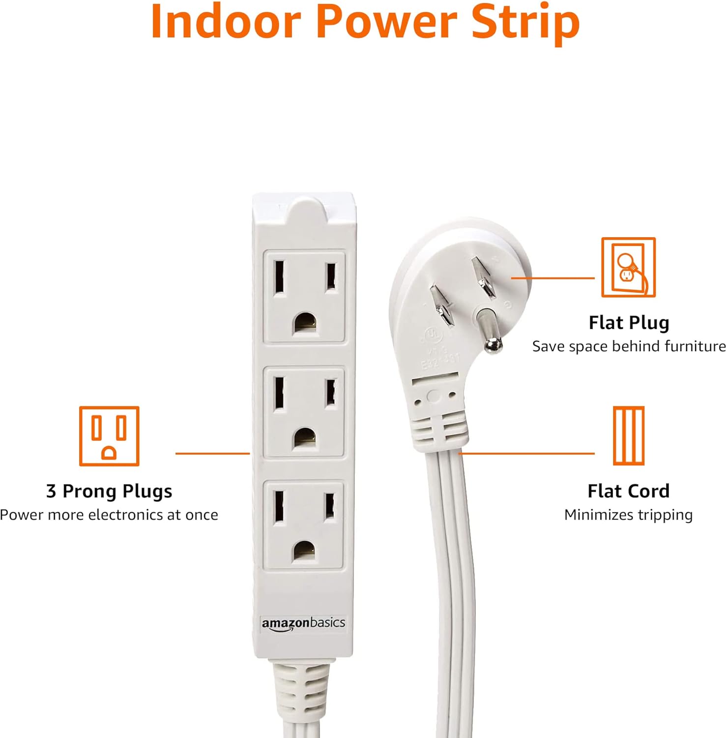 Amazon Basics Rectangular Indoor Extension Cord Power Strip, 3-Prong, Flat Plug, Grounded - 13 Amps, 1625 Watts, 125 VAC - 2-Pack, 6 ft, White