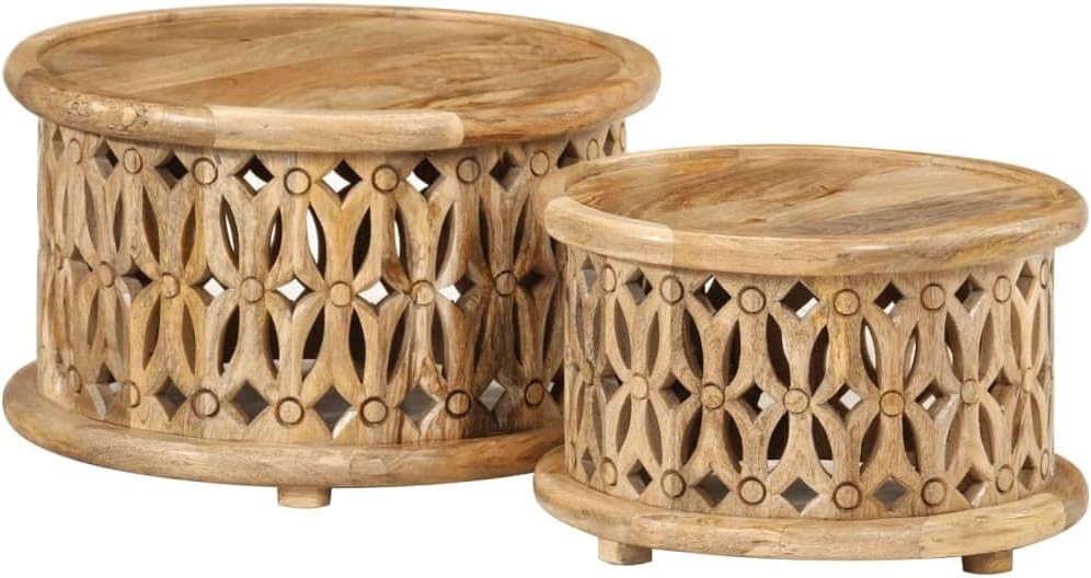 2 Piece Coffee Table Set Solid Mango Wood Round Nesting Side Tables for Livin...