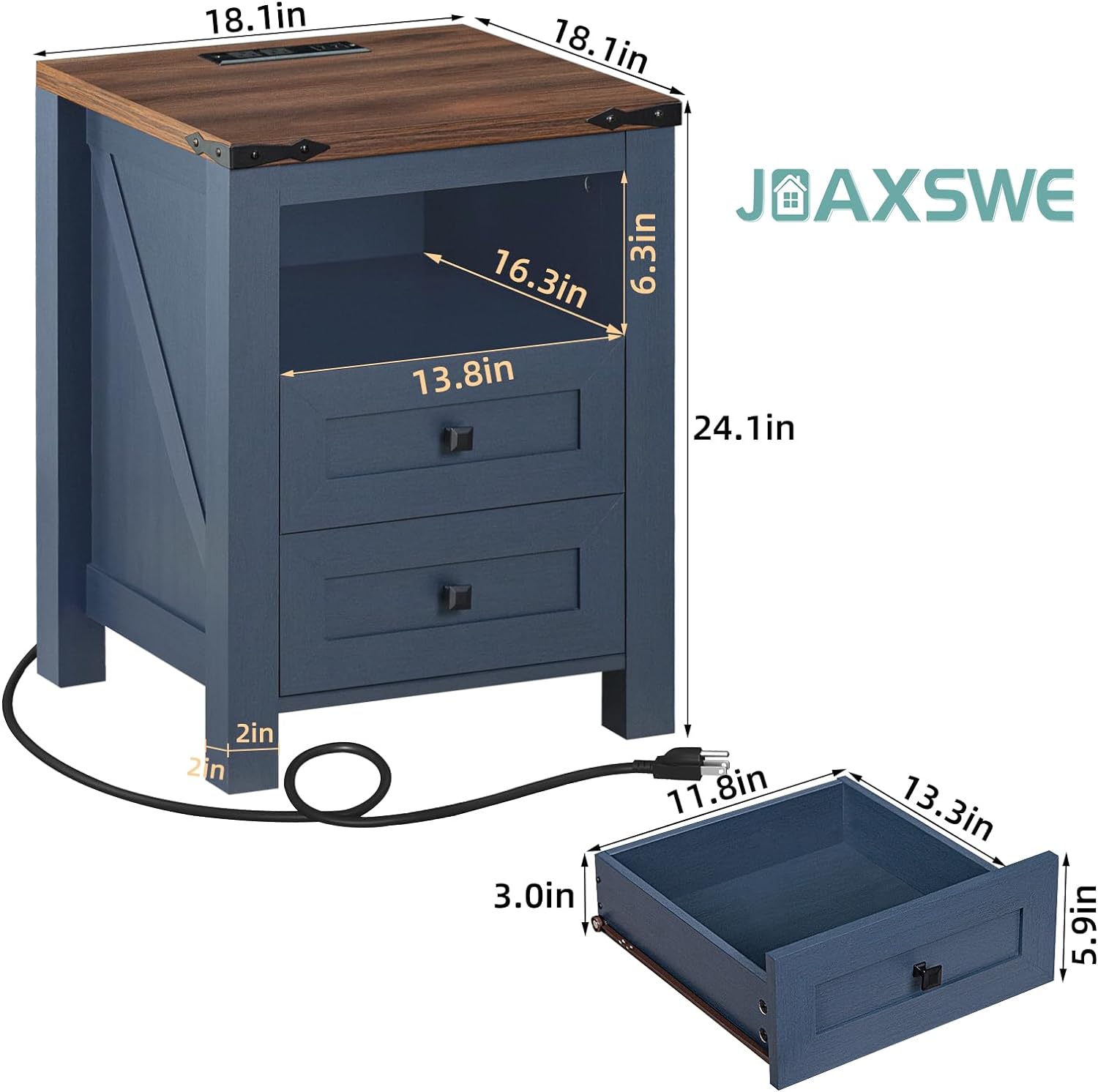 Nightstand with Charging Station, Farmhouse Night Stand with 2 Drawers and Shelf Storage, Blue Wooden Side End Table, Bedside Cabinet for Bedroom, Living Room, Closet,Office