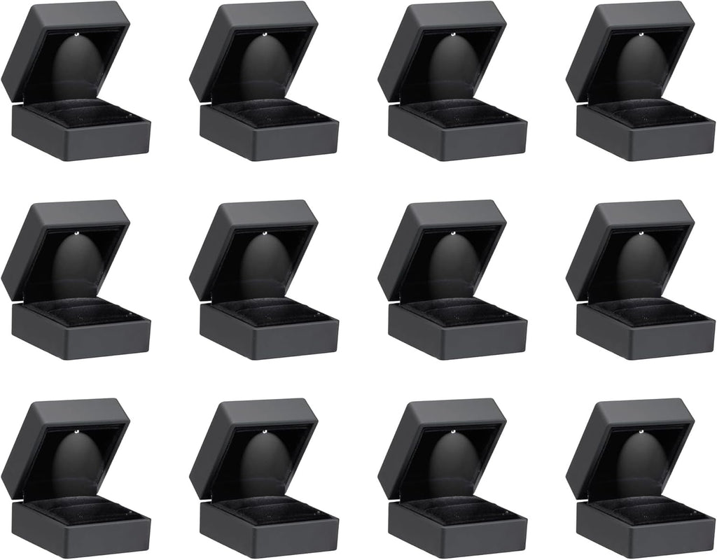 Allure - Bulk Case Of 12 - Luxury Ring Boxes With LED Light, Square Shaped Elegant Diamond Ring Case, For Unique Proposal Or Wedding, Small, Black Velvet Interior Jewelry Display Gift Box.