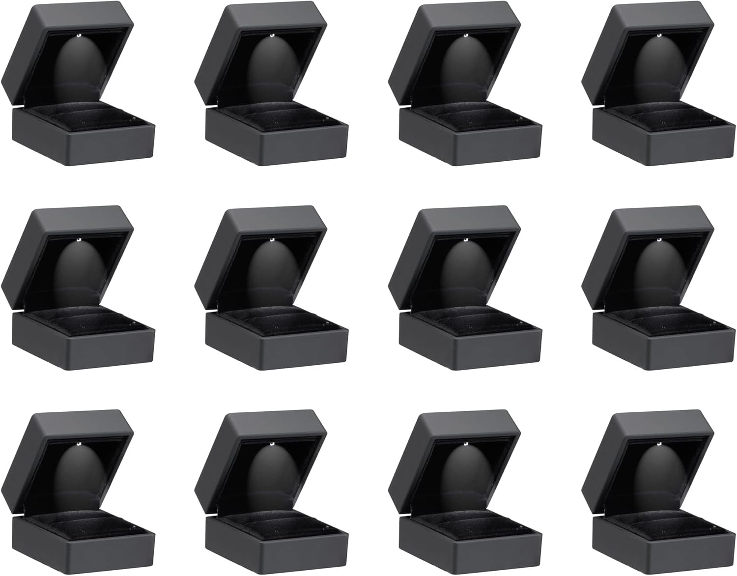 Allure - Bulk Case Of 12 - Luxury Ring Boxes With LED Light, Square Shaped Elegant Diamond Ring Case, For Unique Proposal Or Wedding, Small, Black Velvet Interior Jewelry Display Gift Box.