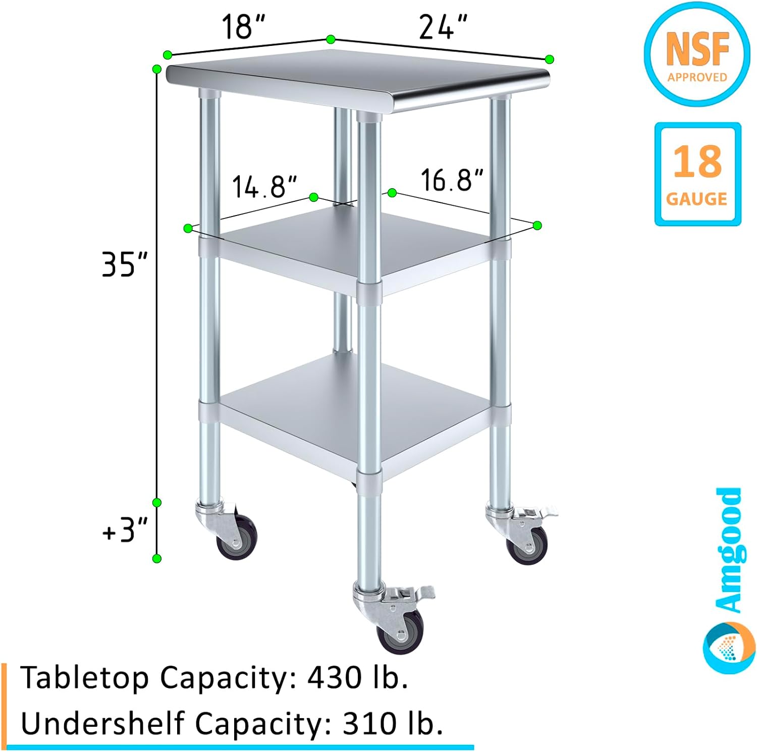 AmGood Stainless Steel Work Table with 2 Shelves and Casters | Metal Utility Table On Wheels (Stainless Steel Work Table with 2 Shelves + Casters, 18" Long x 24" Deep)