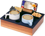 Couch Cup Holder Tray, Portable Silicone Acacia Wooden Double Cup Holder for Couch, Sofa Tray with 360°Rotating Phone & Pad Holder, Anti-Spill TV Tray for Living Room Car Black
