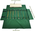 Portable Jewelry Roll Untangled Secure Necklace Travel Storage Bag Displays Holder 16 Chain (gray PU and green)