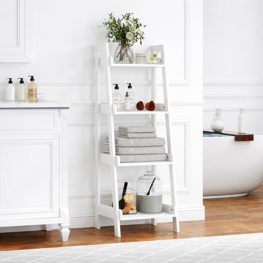 UTEX Freestanding Bathroom Storage Shelf with 4-Tier Ladder Design, White | 4 Fixed Shelves, A-Frame Ladder Design, Side and Back Guards, Anti-Tip Design, 14.69" W × 11.42" D × 42.7" H