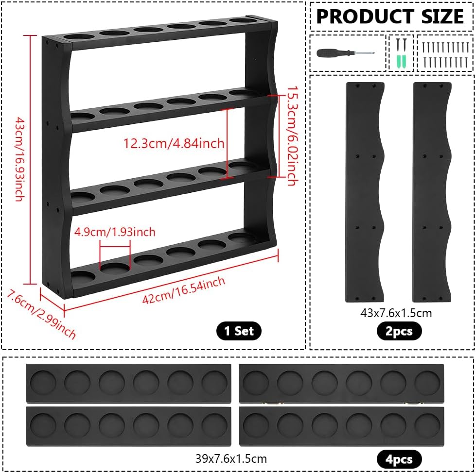 PH PandaHall Wooden Shot Glass Display Case, 4 Tier Wall-Mounted Display Shelf 24 Slots Shot Glass Holder Rack for Home Bar Kitchen Display Storage Gift, Black, 42x43x7.6cm