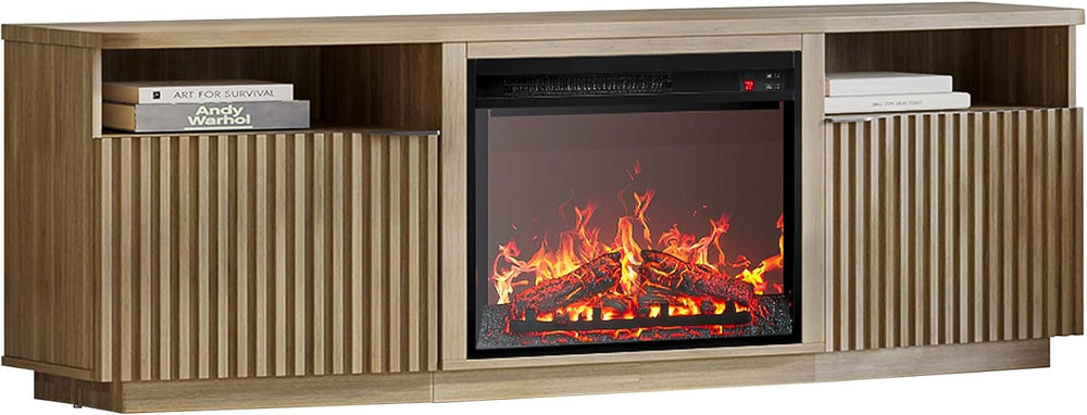 BELLEZE Fluted TV Stand with 23" Electric Fireplace Heater with Sound, 6...