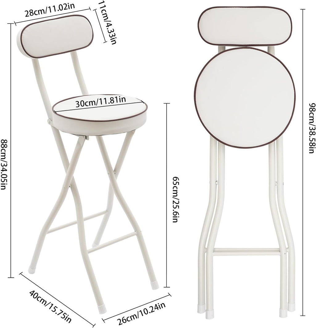 2PCS Folding Bar Stool with Back,Cushioned Padded Folding Stool,Tall Foldable Stools,Portable Bar Collapsible Stools for Kitchen Island,Restaurant,Cafe Shop (White)