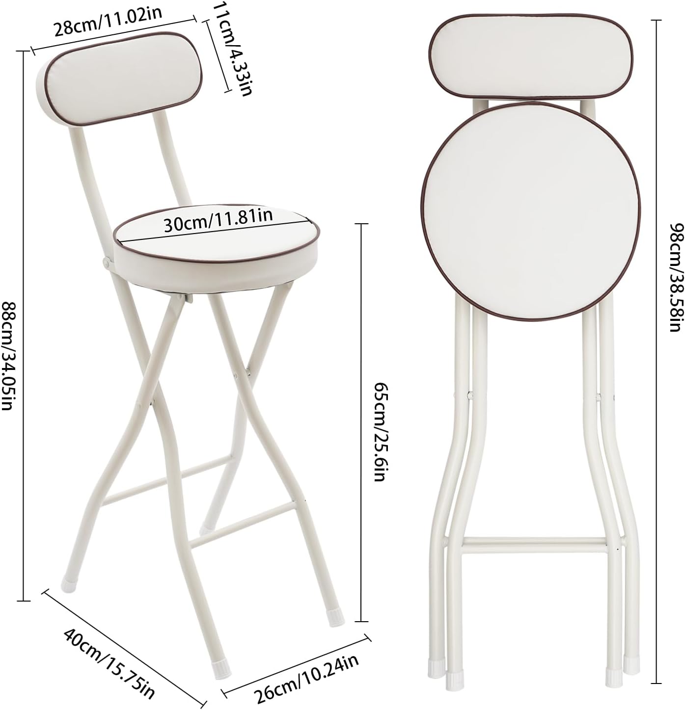 2PCS Folding Bar Stool with Back,Cushioned Padded Folding Stool,Tall Foldable Stools,Portable Bar Collapsible Stools for Kitchen Island,Restaurant,Cafe Shop (White)