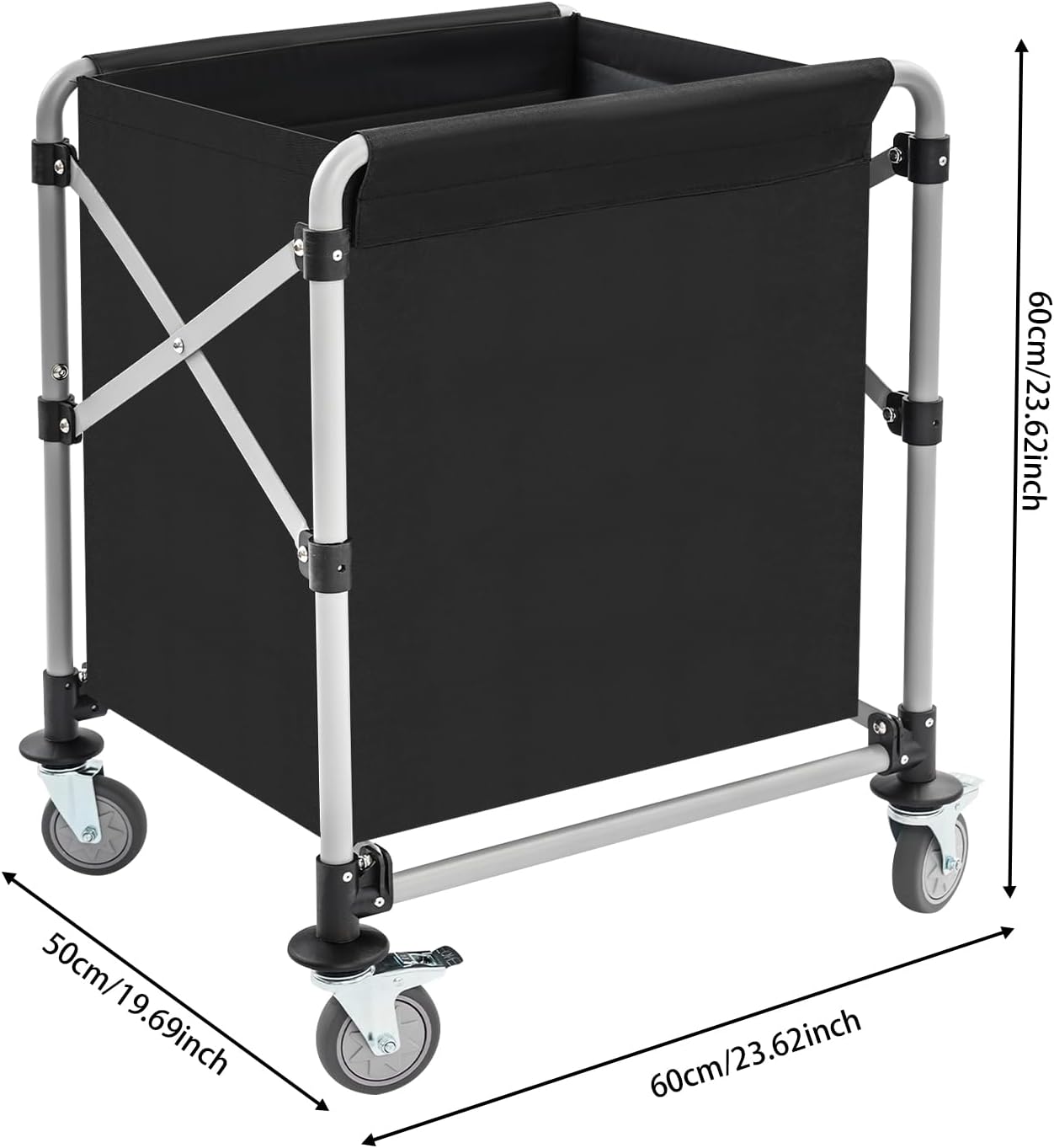 Commercial Laundry Cart with Wheels,Folding Laundry Hamper Cart,Heavy Duty Rolling Laundry Basket with Large Capacity,Laundry Sorter Trolley for Home Hotel Apartment (Black, 23.62 * 19.69 * 23.62in)