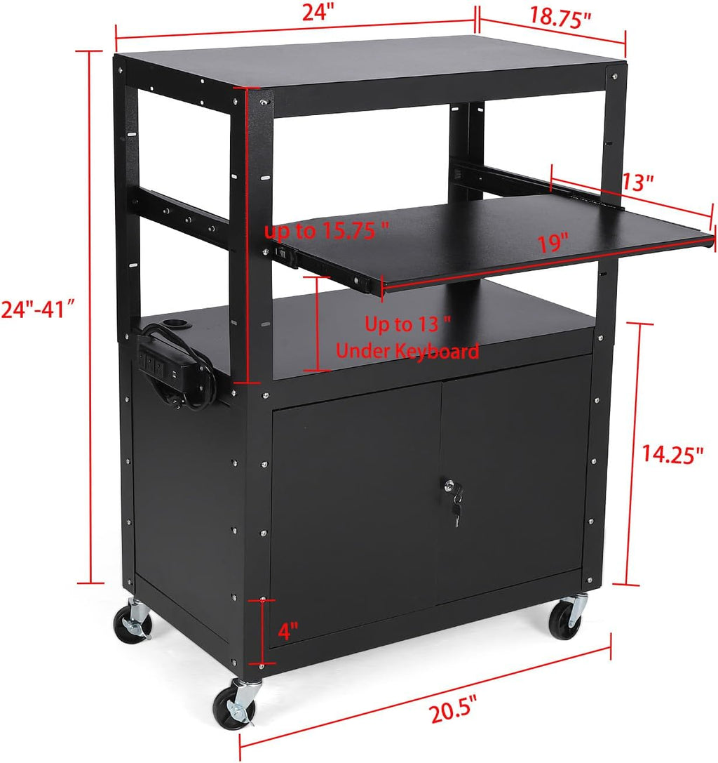 Garvee Mobile AV Cart with Lockable Cabinet, Adjustable Height Laptop Stand, Drop Leaf Workstation, Extra Storage Space, Power Strip Included, Rolling Utility Cart