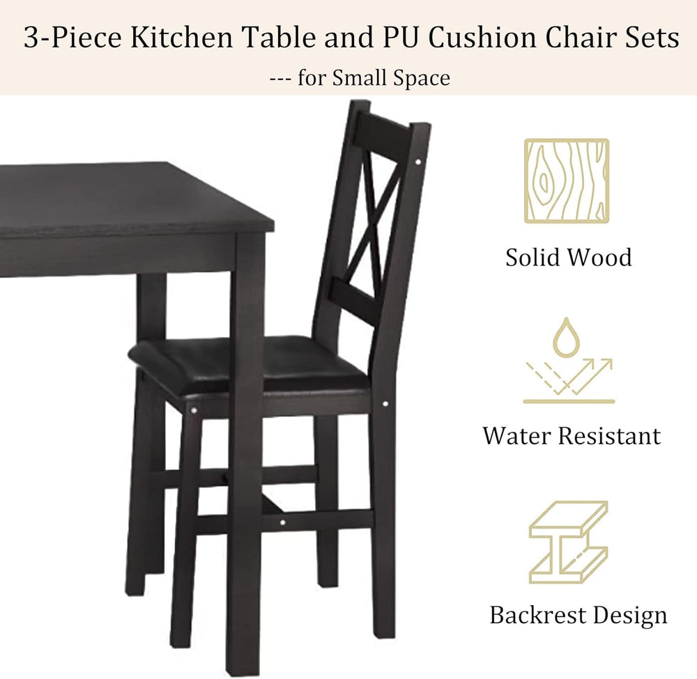 3-Piece Solid Wood Kitchen Table Set for 2 | Pine Dining Table with Upholster...