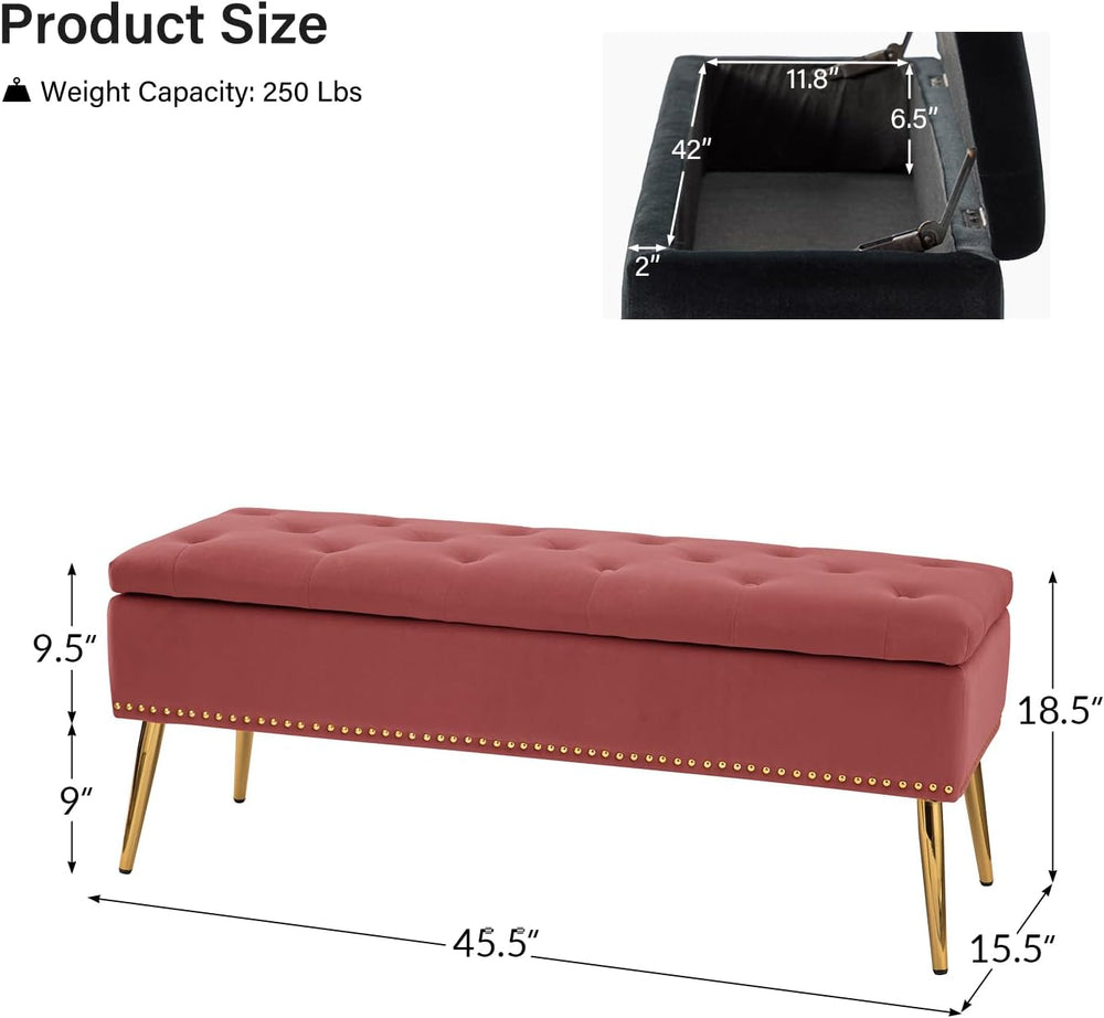 HULALA HOME Modern Velvet Storage Ottoman Bench with Gold Base & Nailhead...