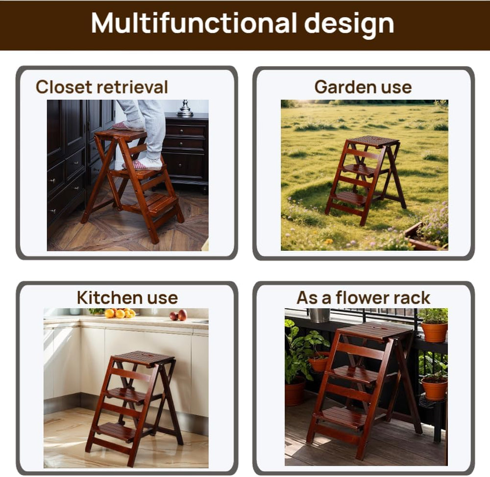 3 Step Stool Wooden Folding Ladder Chair Thickened Library Stair Chair Portab...