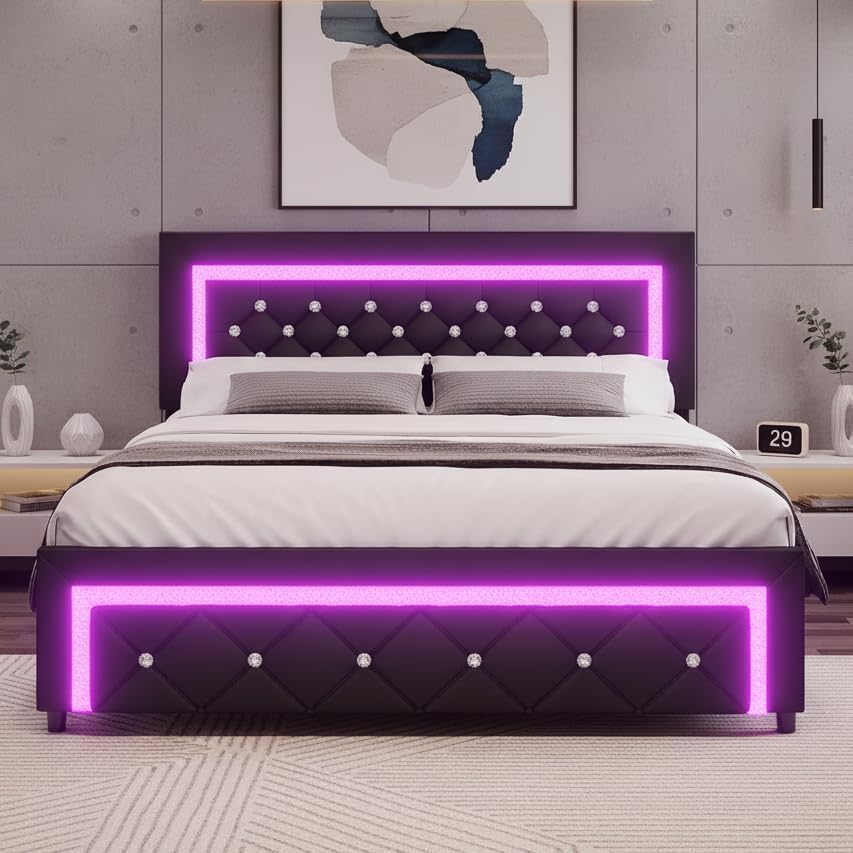 BarnFurin Queen Bed Frame with LED Lights, Diamond Tufted Headboard, Black