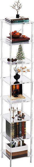 Acrylic Bookshelf, Small Bookcase, Standing Freestanding Corner Storage Shelves Display Shelf for Living Room, Bedroom (Clear, 8 Tier)