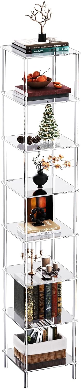 Acrylic Bookshelf, Small Bookcase, Standing Freestanding Corner Storage Shelves Display Shelf for Living Room, Bedroom (Clear, 8 Tier)
