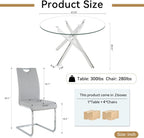 5 Piece Round Dining Table Set for 4, Modern Glass Kitchen Dining Room Table Set for 4, 47" Circle Silver Glass Metal Dining Table with 4 Grey PU Leather Dining Chairs for Kitchen Dining Room